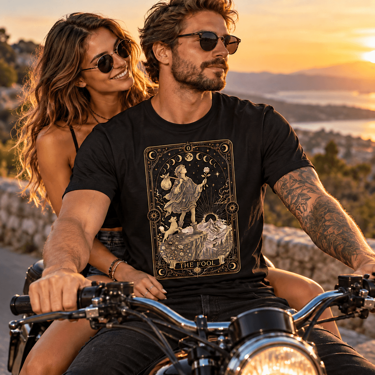 Couple wearing a graphic T-shirt at sunset