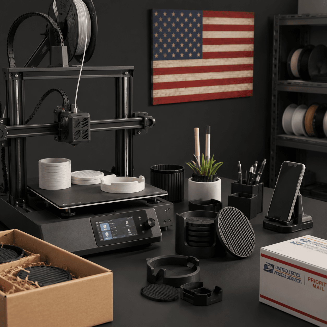 3D printing workspace in the USA with finished products ready for delivery