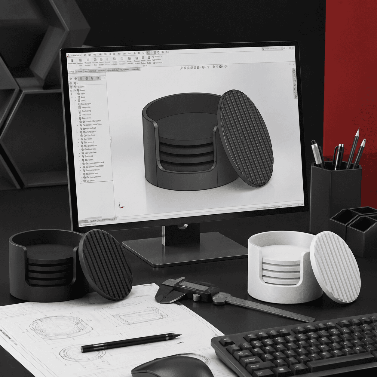 Custom product modeled in CAD alongside finished 3D printed prototypes