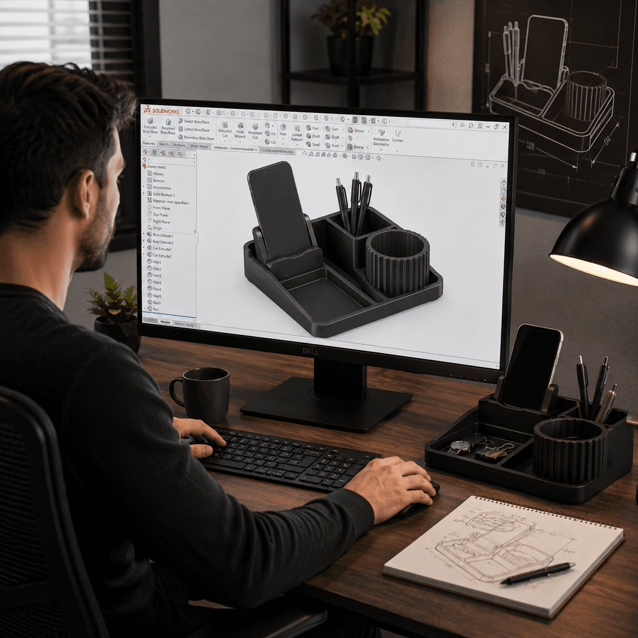 Designer creating a 3D printed desk organizer in SolidWorks